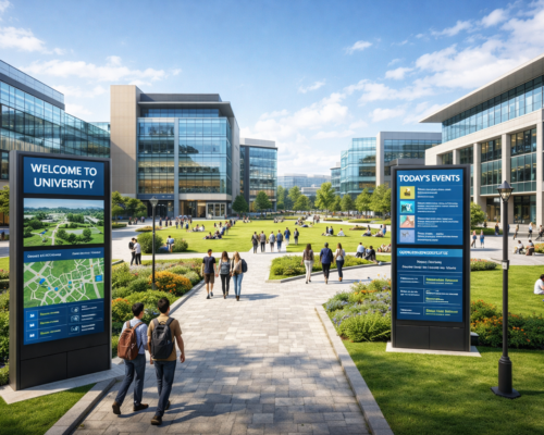 Digital signage screens showing wayfinding content